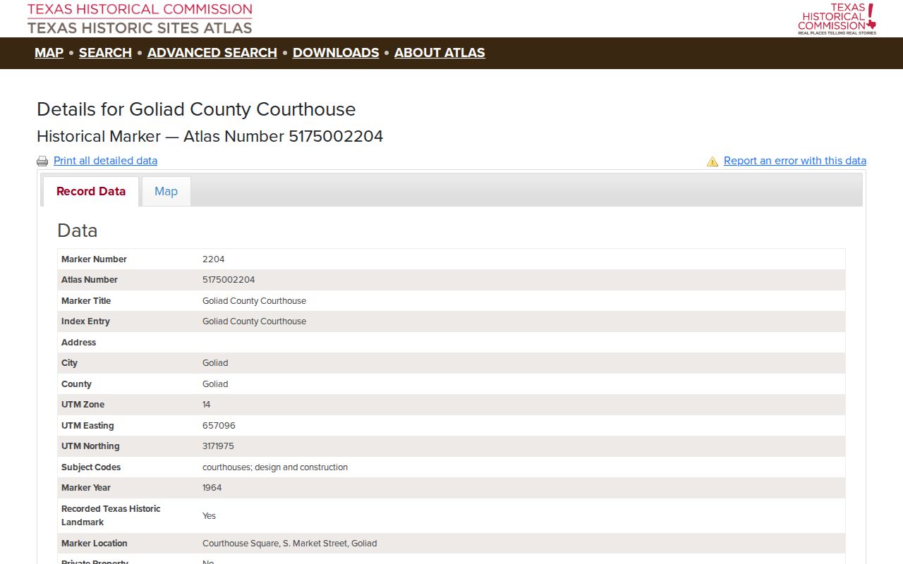 Goliad criminal history courthouse marker record